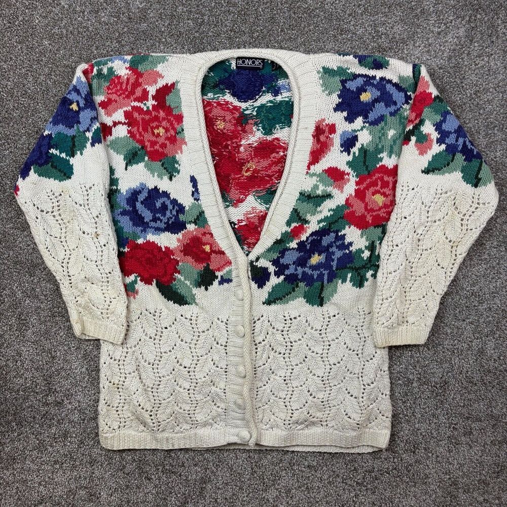 Vintage Honors Cardigan Sweater Womens Small White Floral Knit Flowers Button Up